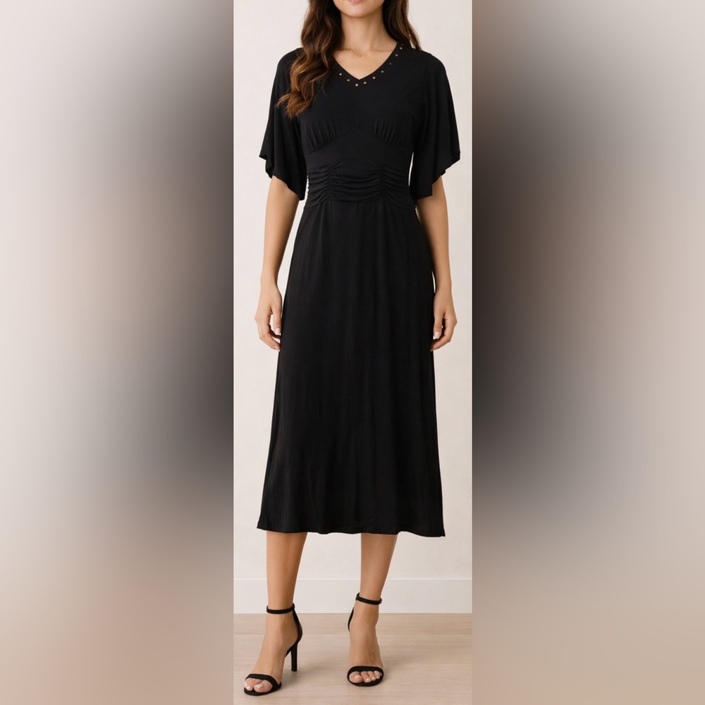 SANDRA DARREN Black Studded V-Neck Maxi Dress Kimono Sleeve Smocked Waist Size 8